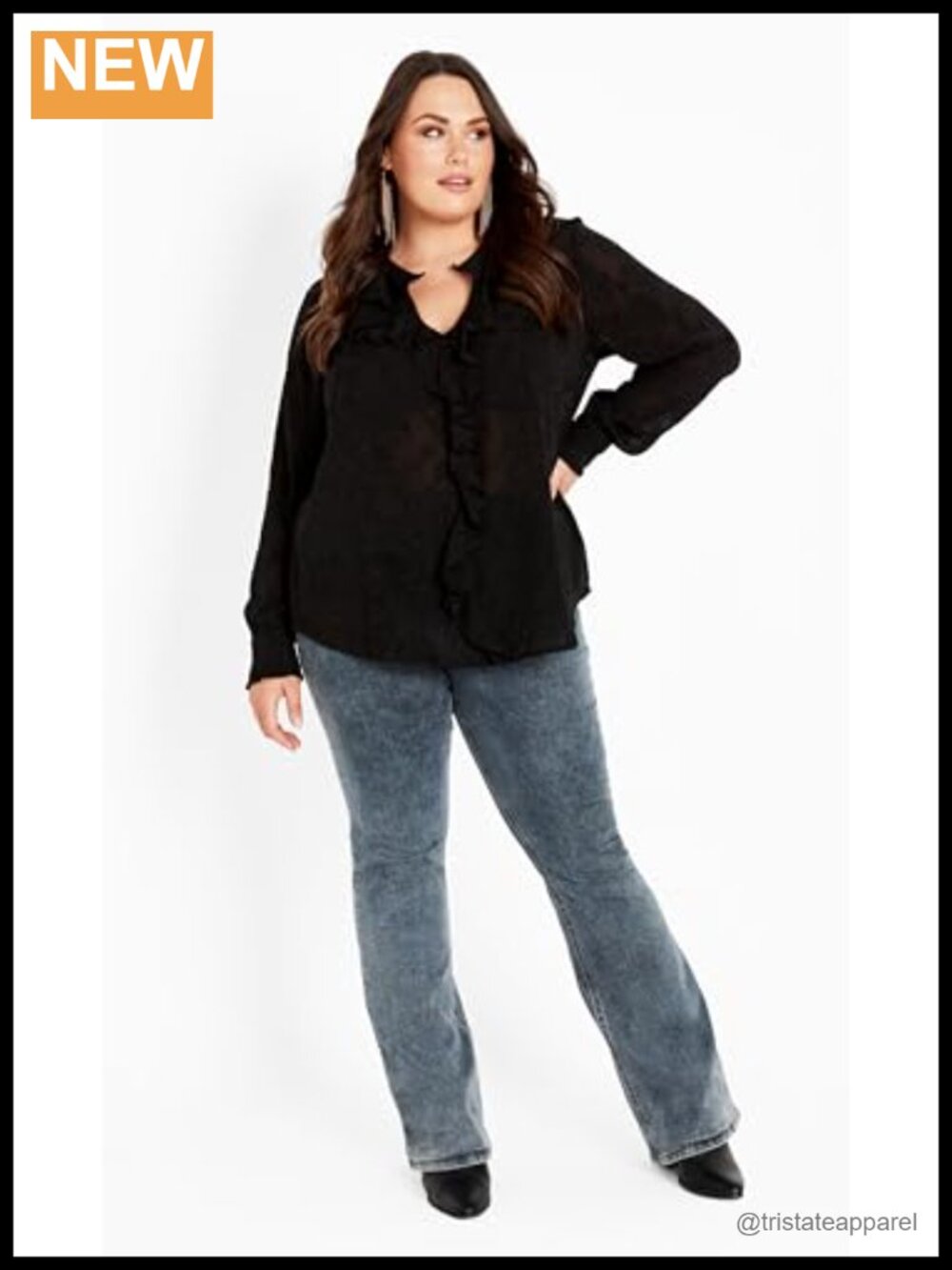 Plus Size Ruffle Neck Blouse with Button Closure Long Sleeve - Picture 2 of 5